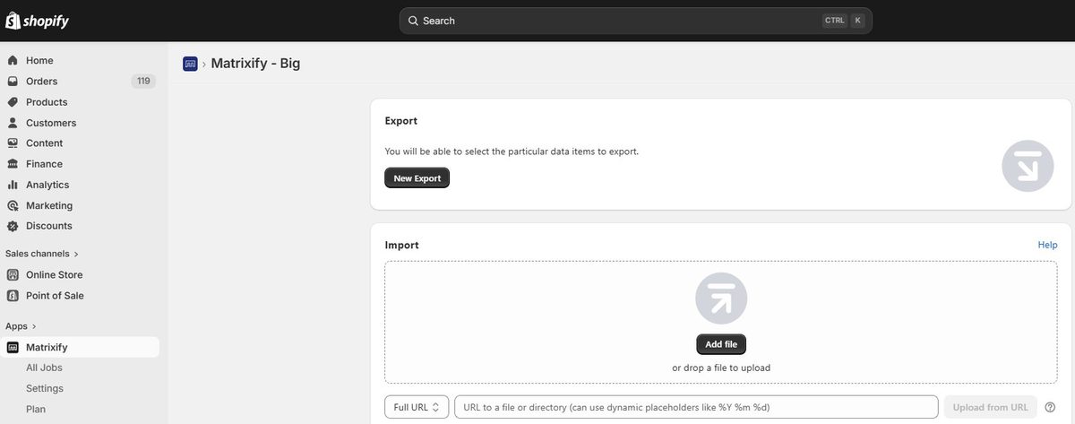 Matrixify app dashboard inside Shopify Admin