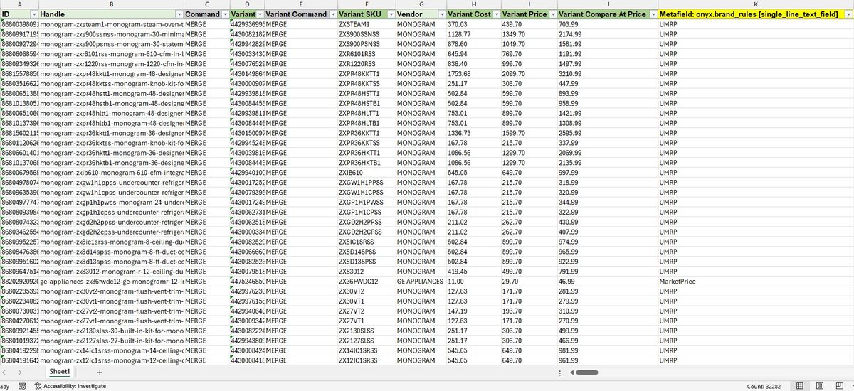 Product export CSV in Matrixify showing all columns