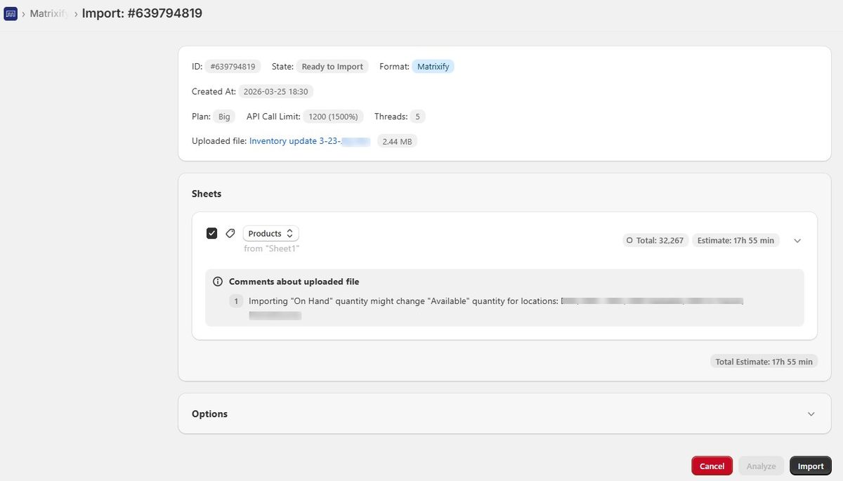 Matrixify import screen showing file upload ready to import