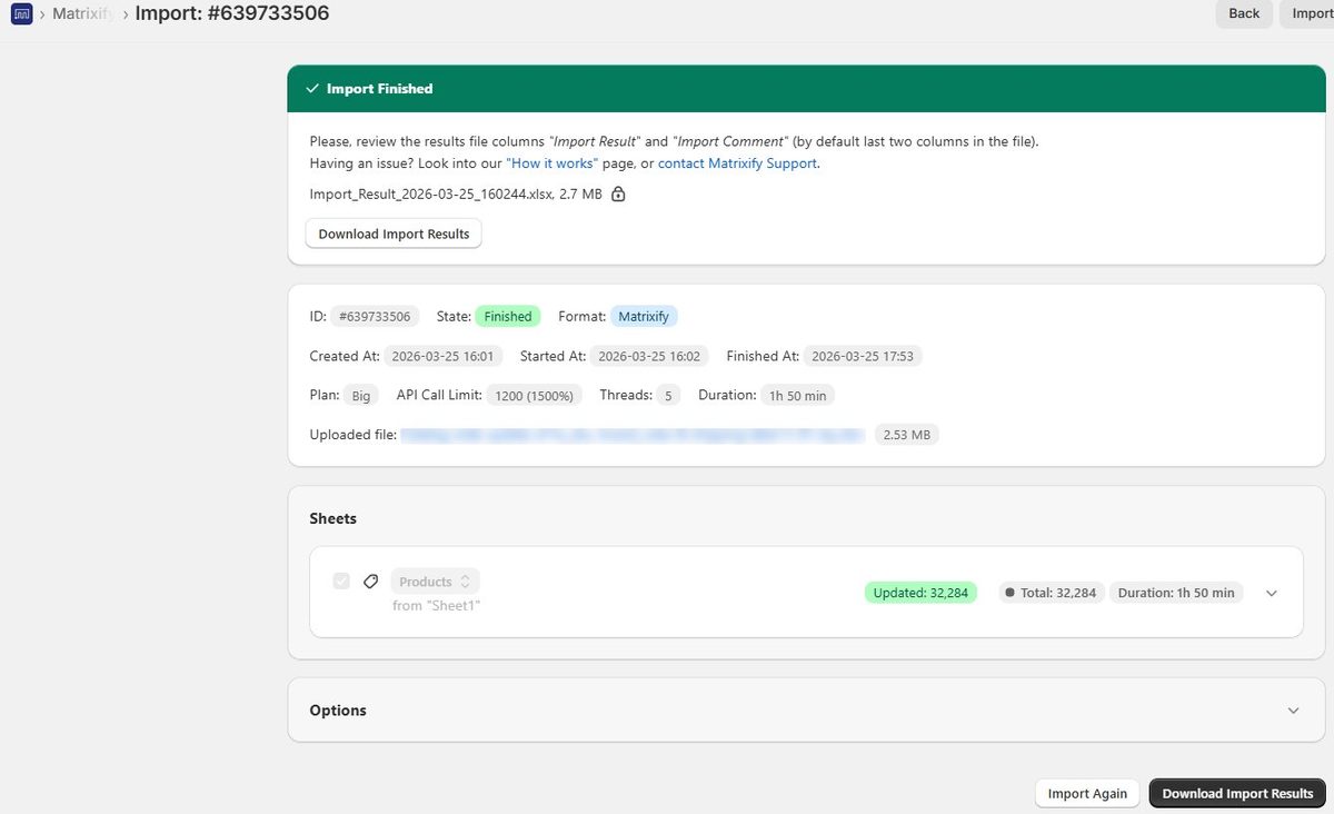 Matrixify results screen showing 32,284 products updated successfully